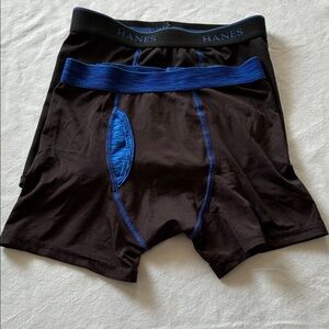 2 Hanes Black Boxer Briefs with Blue Waistband & Blue Trim Size Medium